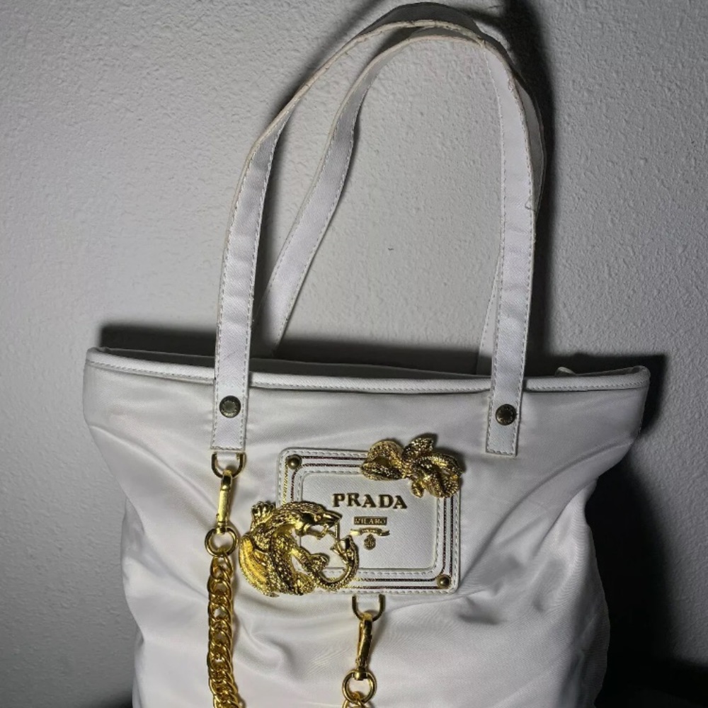 Unverified White Prada Handbag w Gold Chain+Dragon